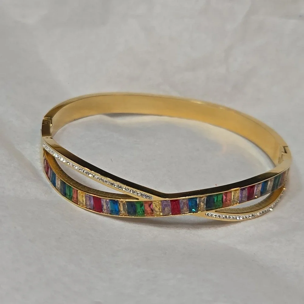 Costume Bracelet Rainbow CZ‎ Gold Tone Y2K Bangle Color Stones Alt Snap Bracelet
